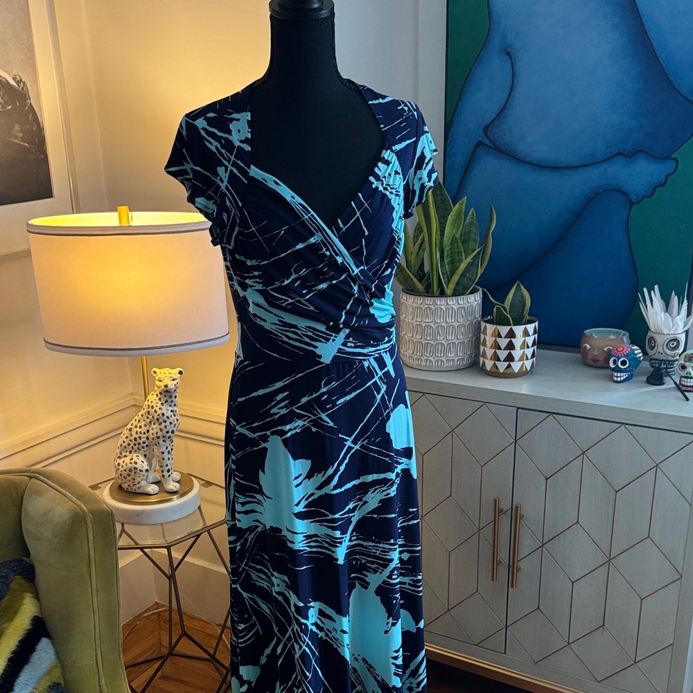 Leota Navy and Aqua Abstract Wrap Maxi Dress